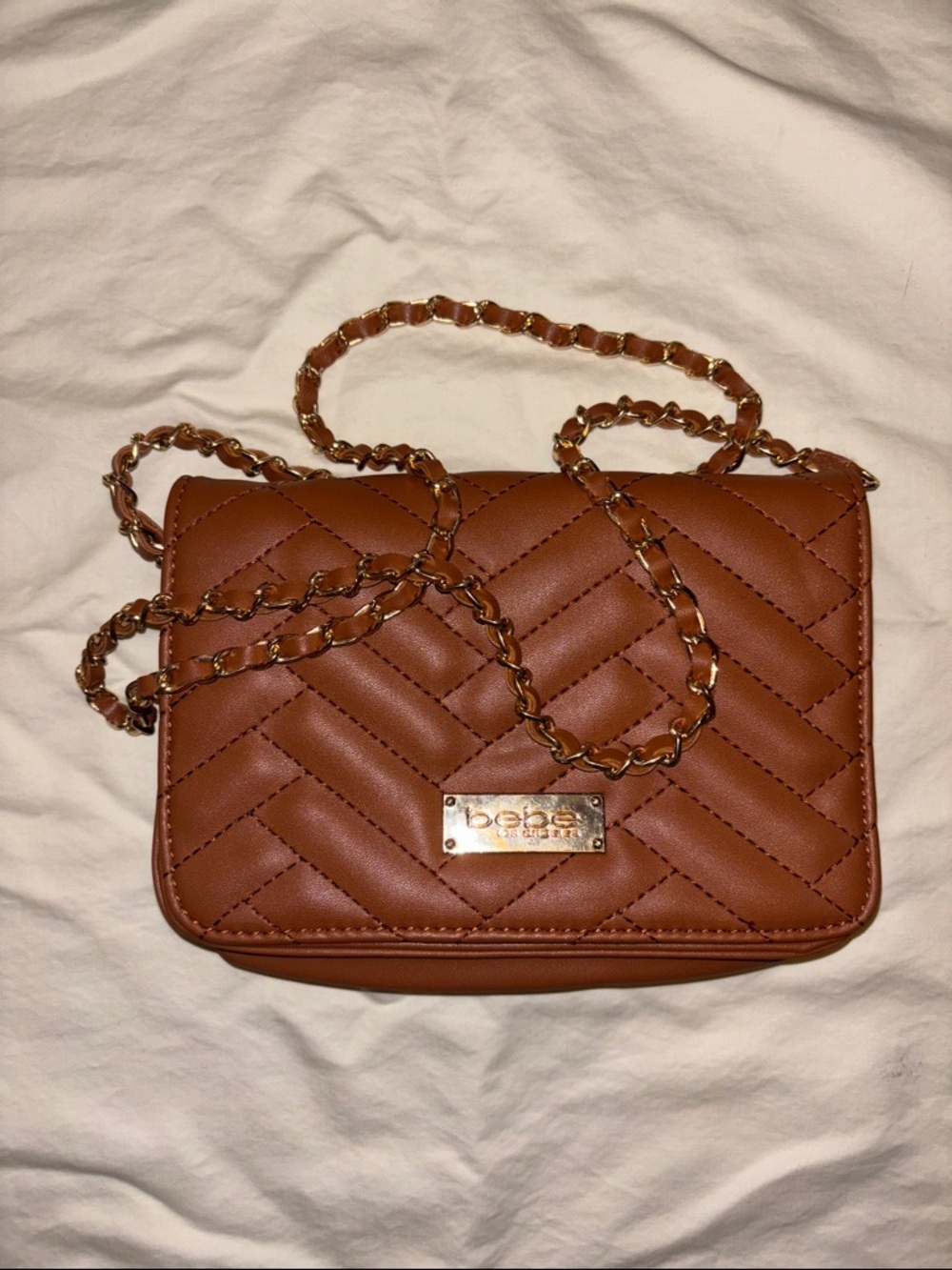 bebe Brown Quilted Crossbody with Gold Chain Strap